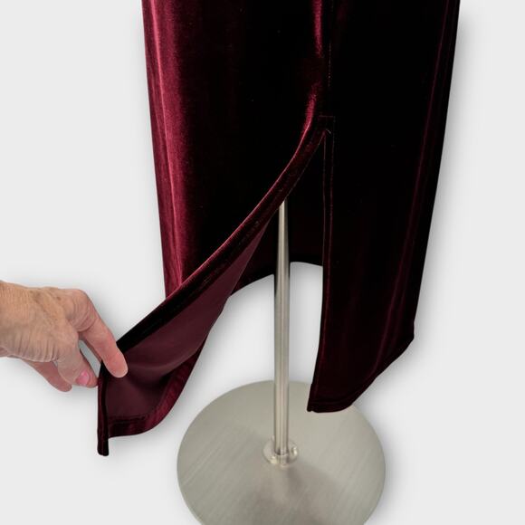 Vintage 90s Burgundy Velvet Column Gown Scallop Eyelet Overlay Maxi Dress Sz 14 - Picture 10 of 13